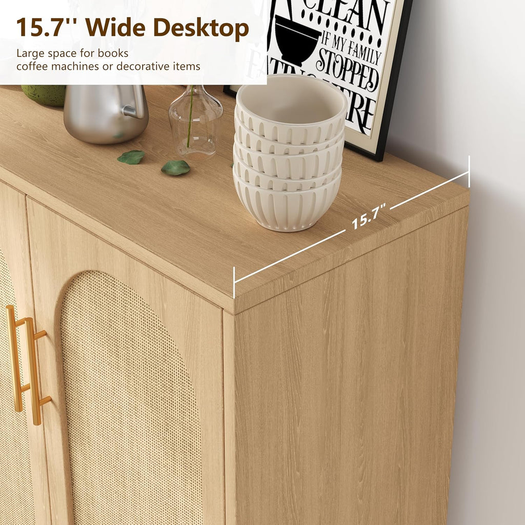 15.7"D Rattan Buffet Sideboard Cabinet with Storage, Modern Accent Cabinet with Adjustable Shelf & Solid Wood Legs, Coffee Bar Cabinet with Doors for Kitchen, Living Room, Entryway, Natural Oak