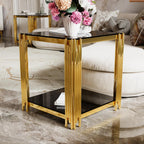 Black Mirror End Table for Living Room, Square,Asymmetrical Metal, Gold Lower Shelf, 19.9"