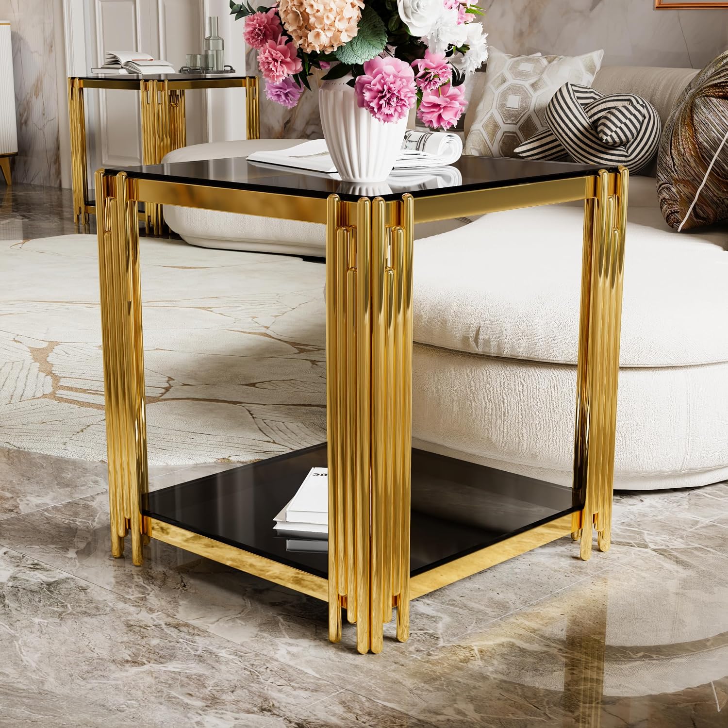 Black Mirror End Table for Living Room, Square,Asymmetrical Metal, Gold Lower Shelf, 19.9"