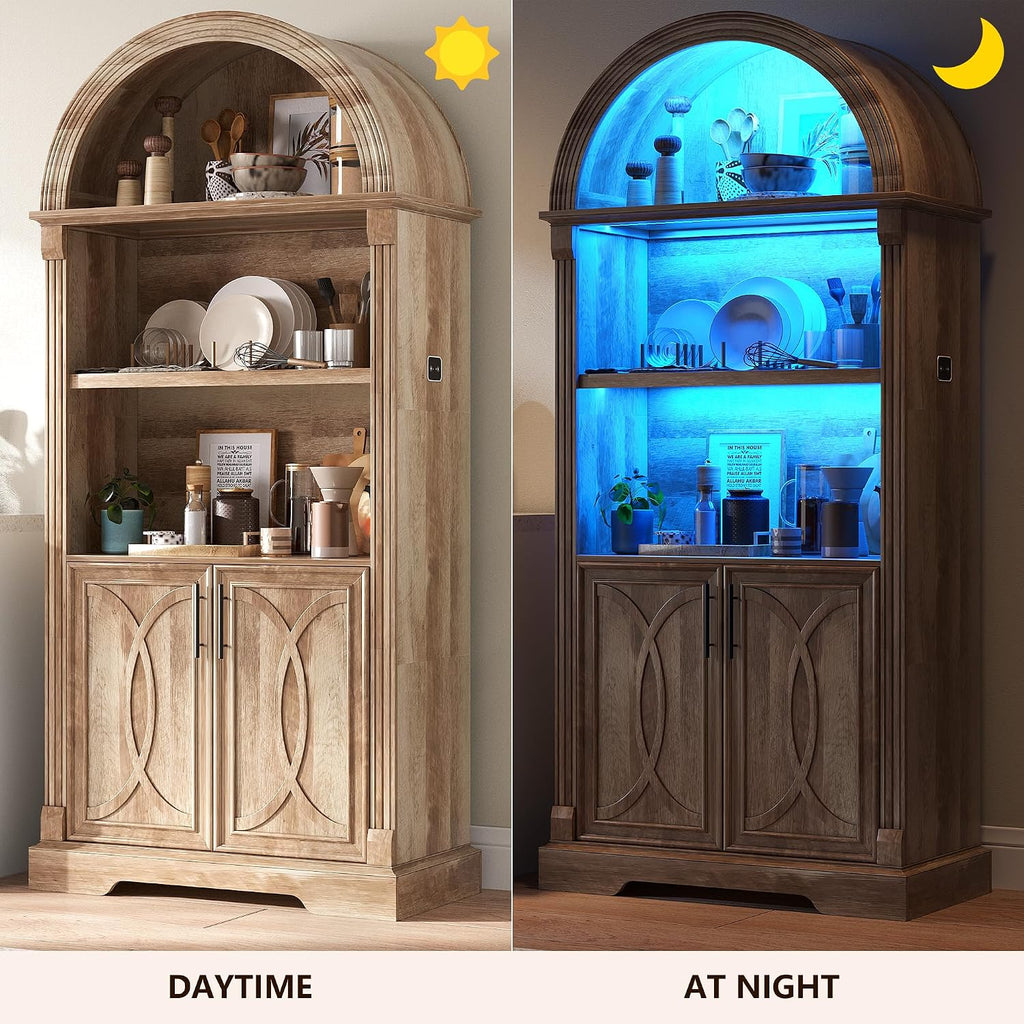 Vlsrka 71" Tall Arched Kitchen Pantry Cabinets, Wood Kitchen Storage Cabinets/Arched Bookshelf/Bookcase,China Cabinet with Open & Adjustable Shelves, Induction LED Light (Brown)