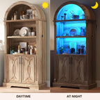 Vlsrka 71" Tall Arched Kitchen Pantry Cabinets, Wood Kitchen Storage Cabinets/Arched Bookshelf/Bookcase,China Cabinet with Open & Adjustable Shelves, Induction LED Light (Brown)