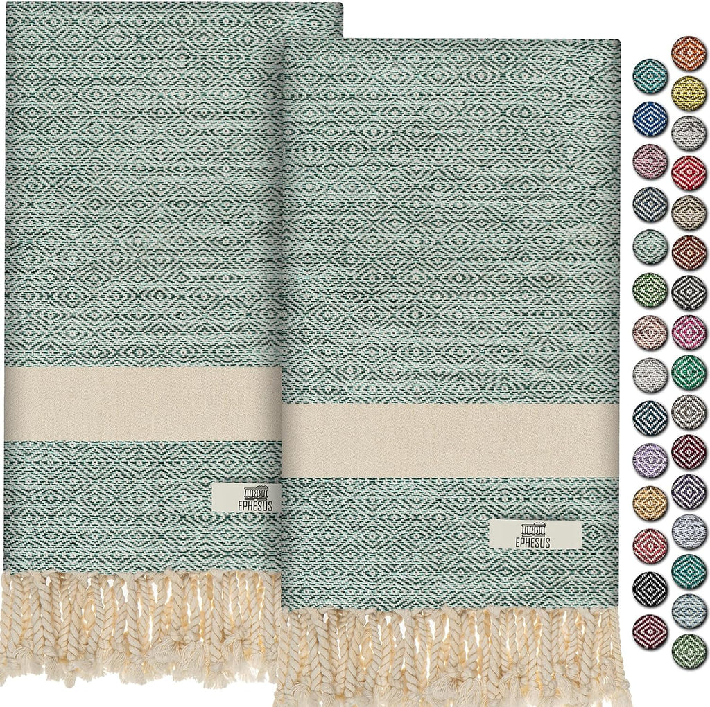 EPHESUS TOWELS Turkish Hand Towels - Set of 2 | 18" x 30" Decorative Boho Guest Bath Towel for Bathroom, Kitchen, Face, Hair, Tea, Dishcloth (Diamond, Mint)