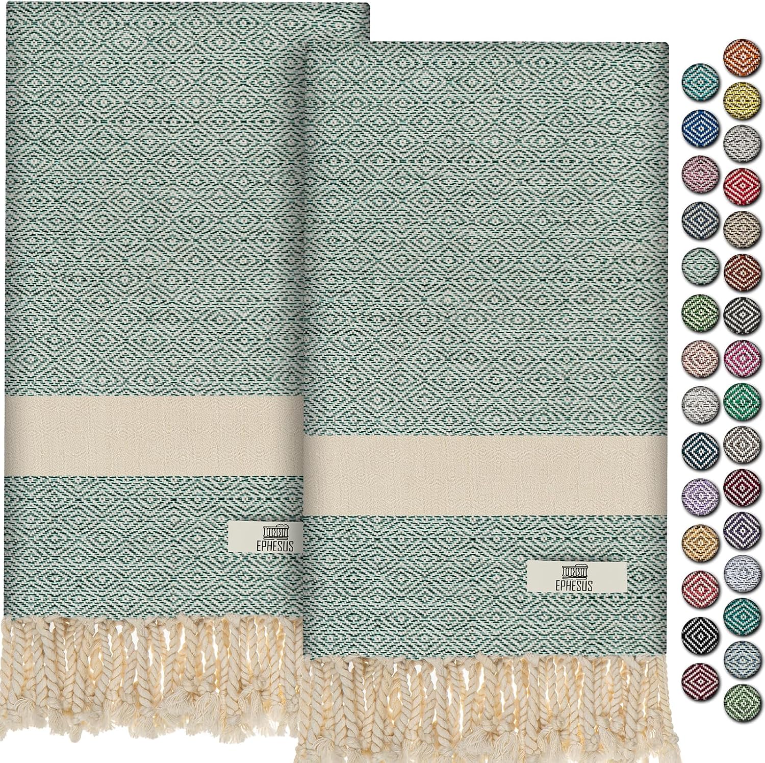 EPHESUS TOWELS Turkish Hand Towels - Set of 2 | 18" x 30" Decorative Boho Guest Bath Towel for Bathroom, Kitchen, Face, Hair, Tea, Dishcloth (Diamond, Mint)