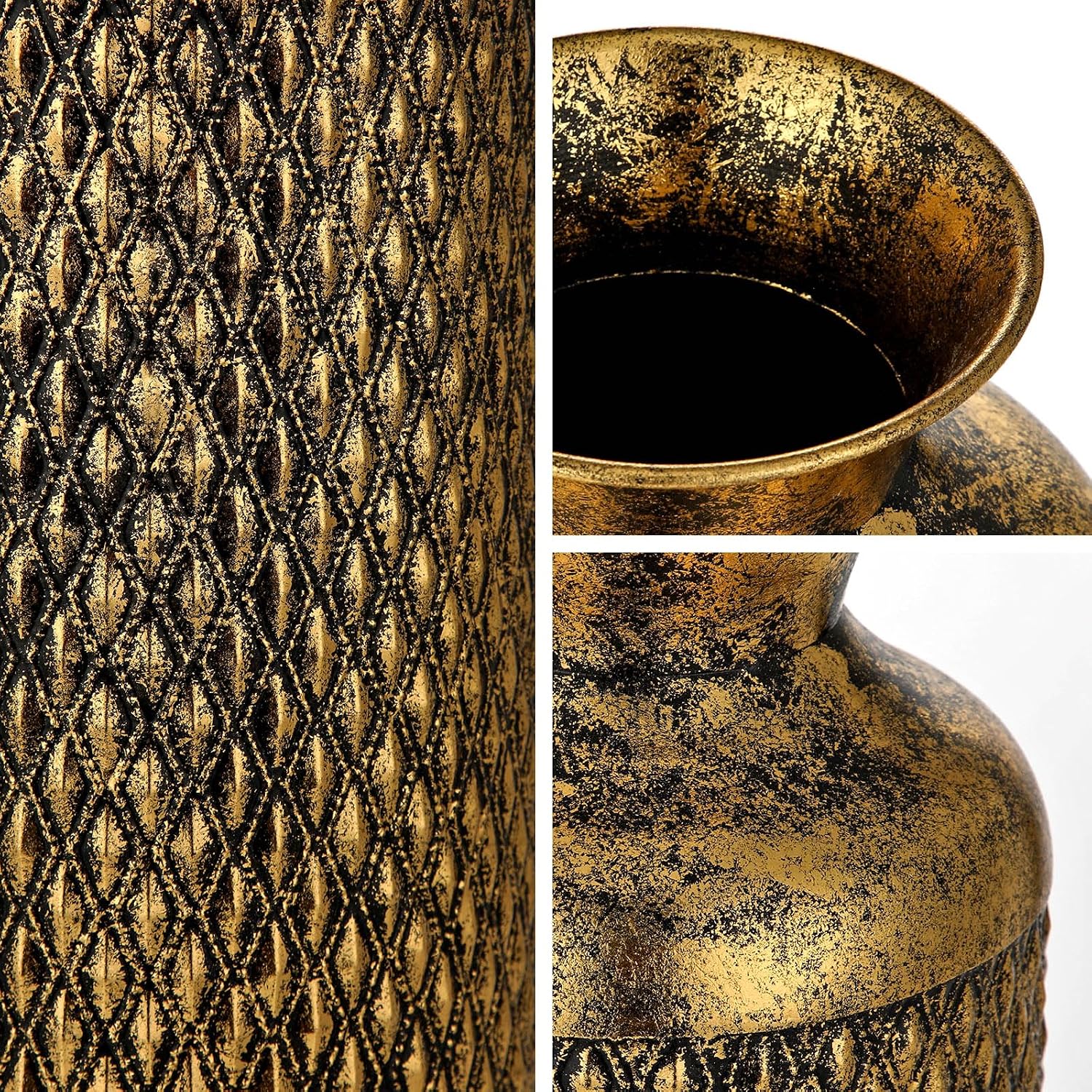 Flower Vase Rustic Metal Vases, 16" Black and Gold Pattern Vase for Farmhouse Home Décor Artificial Flowers and Centerpieces
