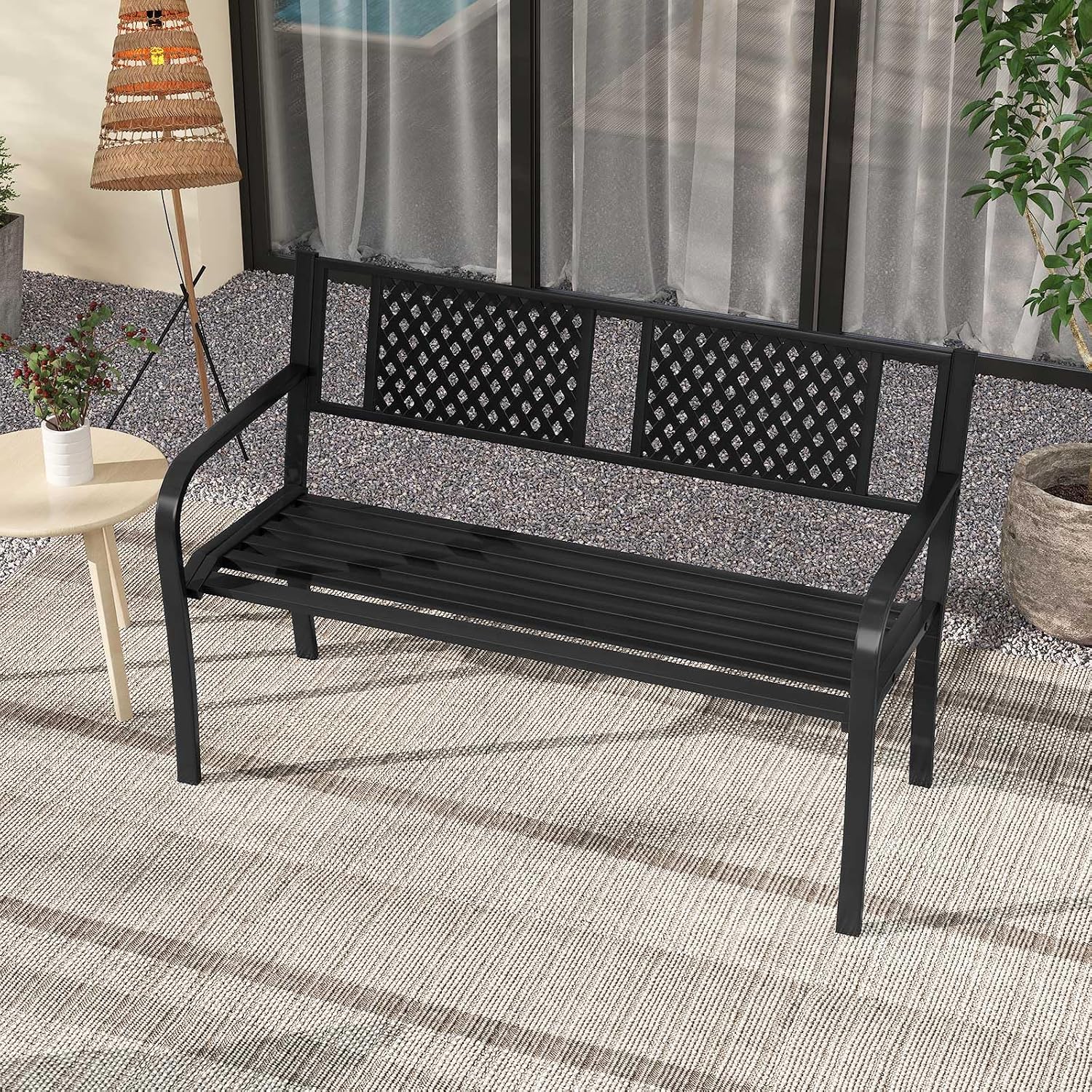 Giantex Metal Outdoor Bench with Mesh Pattern Backrest, Curved Armrests, 660Lbs Capacity, Slatted Seat for 2-3 Persons, Patio Bench for Yard, Poolside, Porch, Park, Garden (50"×23"×32",Black)