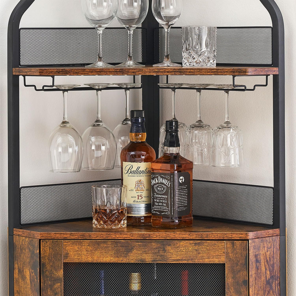 IDEALHOUSE Corner Wine Cabinet with Removable Wine Rack, Industrial Wine Cabinet with Glass Holder and Mesh Door, Liquor Coffe Bar Cabinet with Adjustable Shelves, Rustic Brown