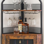 IDEALHOUSE Corner Wine Cabinet with Removable Wine Rack, Industrial Wine Cabinet with Glass Holder and Mesh Door, Liquor Coffe Bar Cabinet with Adjustable Shelves, Rustic Brown