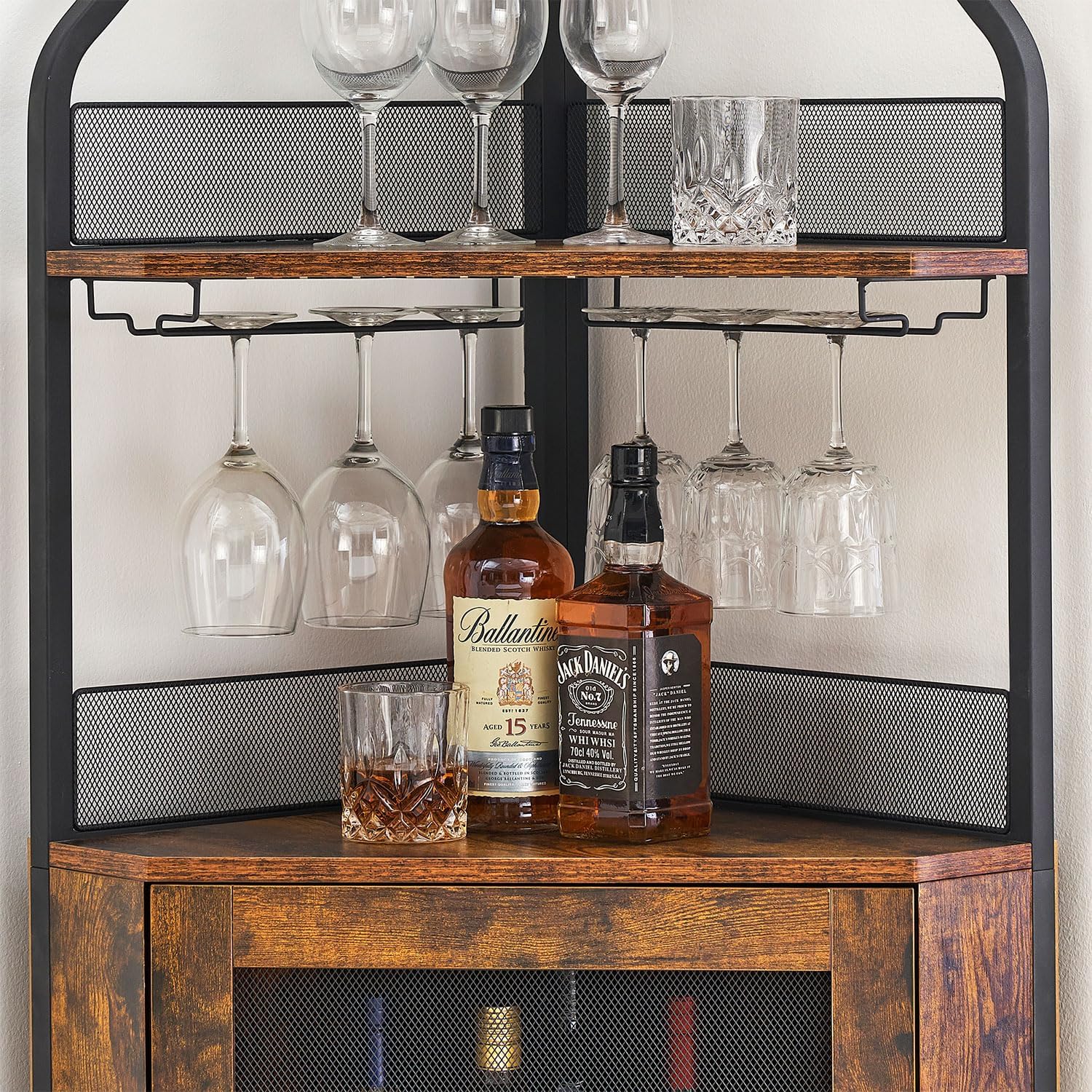 IDEALHOUSE Corner Wine Cabinet with Removable Wine Rack, Industrial Wine Cabinet with Glass Holder and Mesh Door, Liquor Coffe Bar Cabinet with Adjustable Shelves, Rustic Brown