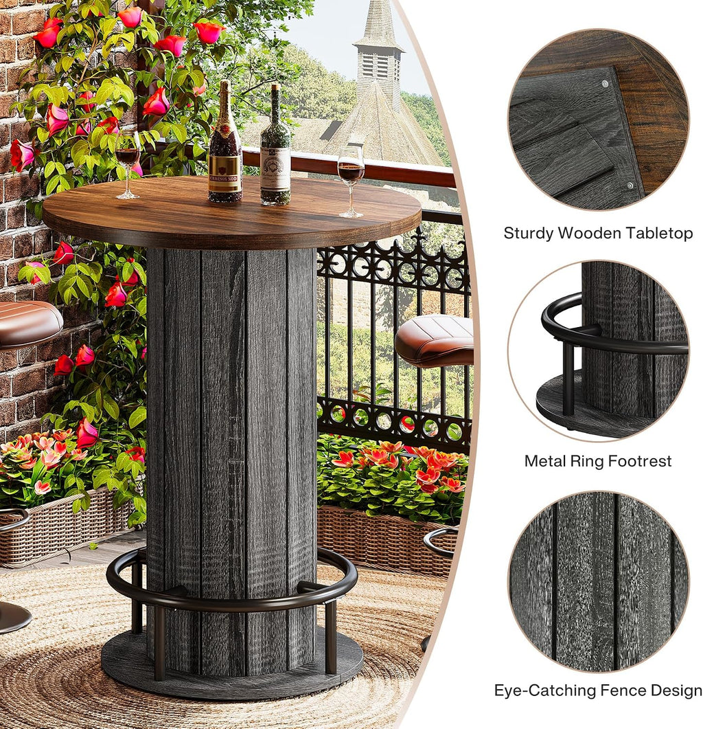 Tribesigns Round Bar Table, 39.4" H Wood Bistro Pub Table with Metal Ring Footrest for Dining Coffee Cocktail Living Room, Small Space, Brown & Gray (Only Table)