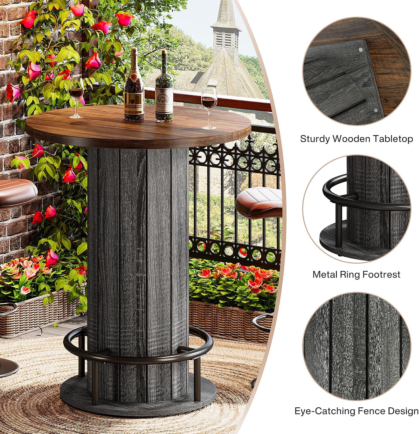 Tribesigns Round Bar Table, 39.4" H Wood Bistro Pub Table with Metal Ring Footrest for Dining Coffee Cocktail Living Room, Small Space, Brown & Gray (Only Table)