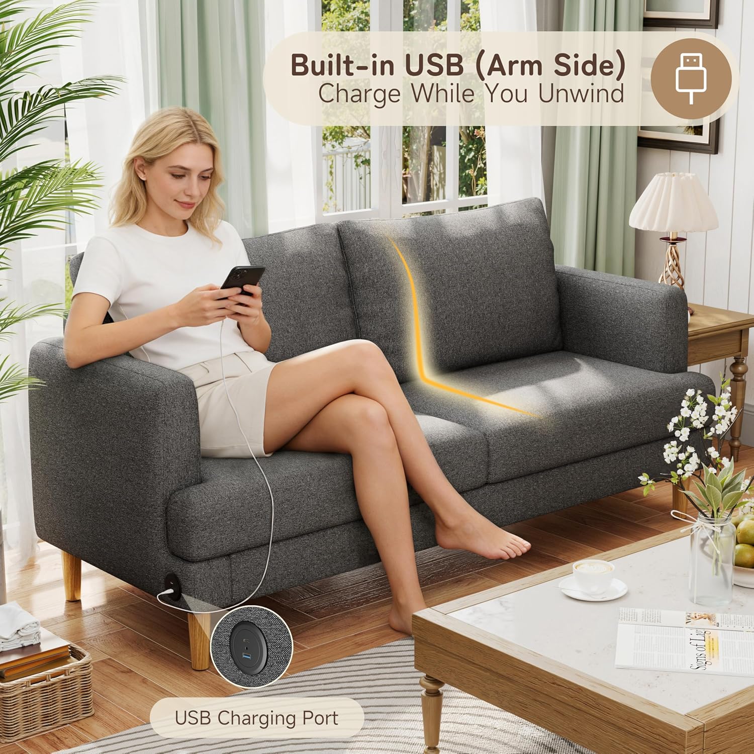 70" Modern Loveseat Sofa with USB Type-C Ports, Linen Fabric 2-Seater Deep Seat Couch, Cozy Small Couch Sofa for Living Room Bedroom Office Apartment (Dark Grey)