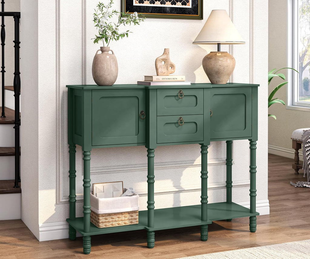 Green Entryway Table with Storge, Mid-Century Modern Console Table with 2 Drawers, Retro Narrow Long Behind Couch Sofa Table for Living Room, Foyer, Hallway