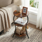 Vintage Small Round Side Table, 3-Tier Slim Waist Circular End Table with Storage Shelf, Compact Tea Sofa Table, Round Corner Coffee Table Nightstand for Living Room Bedroom Small Spaces,Rustic Brown