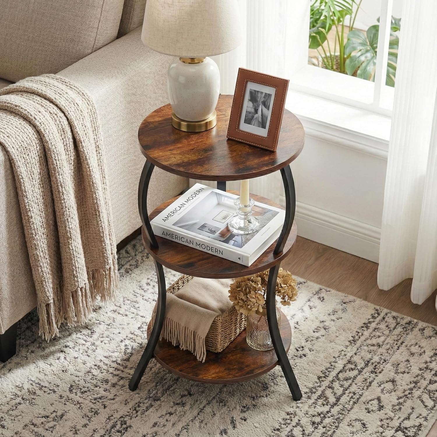 Vintage Small Round Side Table, 3-Tier Slim Waist Circular End Table with Storage Shelf, Compact Tea Sofa Table, Round Corner Coffee Table Nightstand for Living Room Bedroom Small Spaces,Rustic Brown