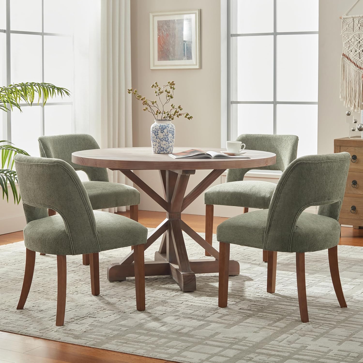 VKNOW Wooden Dining Chairs Set of 2, Modern Fabric Upholstered Dining Room Chair Kitchen Chairs, Farmhouse Dinner Chair for Kitchen Dining Room, Green