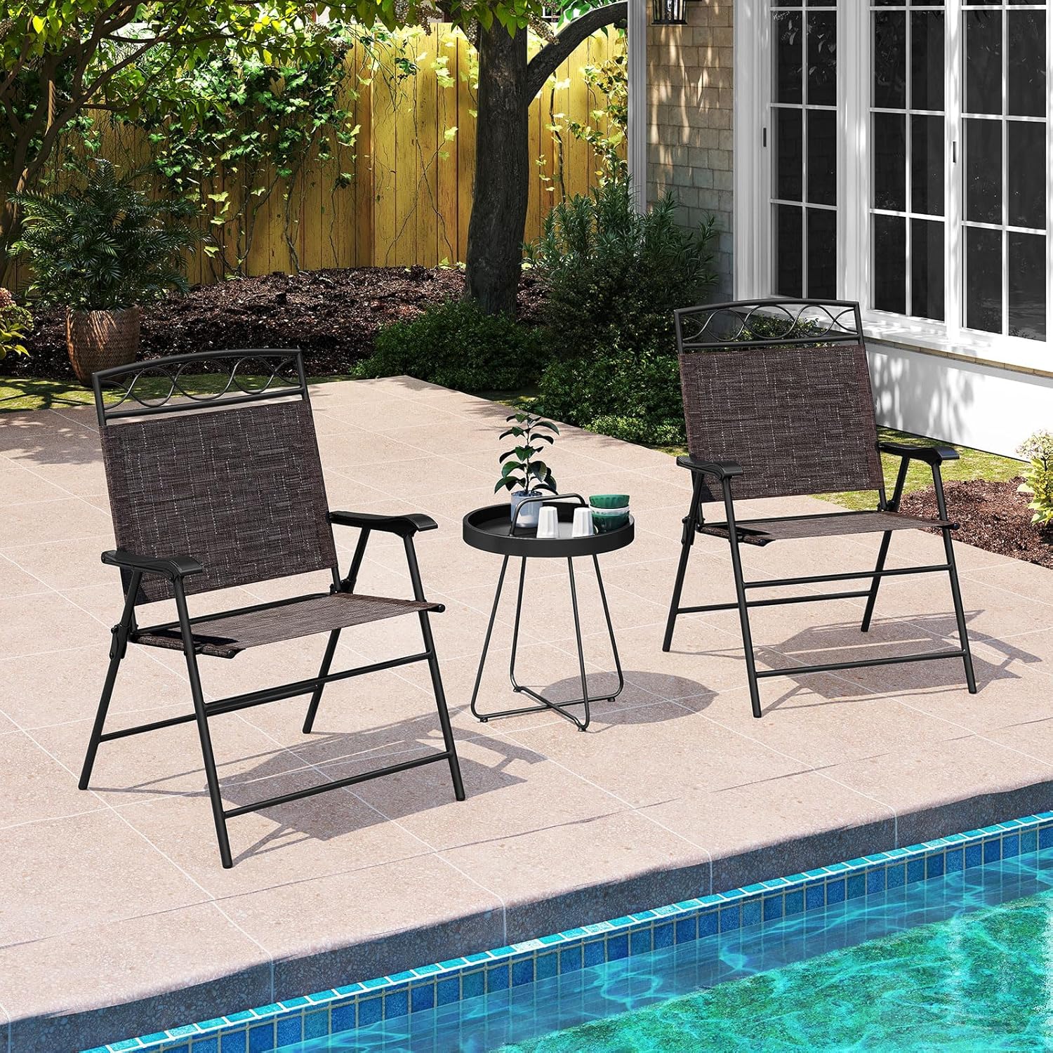 Giantex Set of 4 Patio Folding Chairs, Outdoor Dining Chairs for Camping, Beach, Backyard, Deck, Portable Dining Chair w/Armrest and Metal Frame, 4-Pack (Dark Brown)