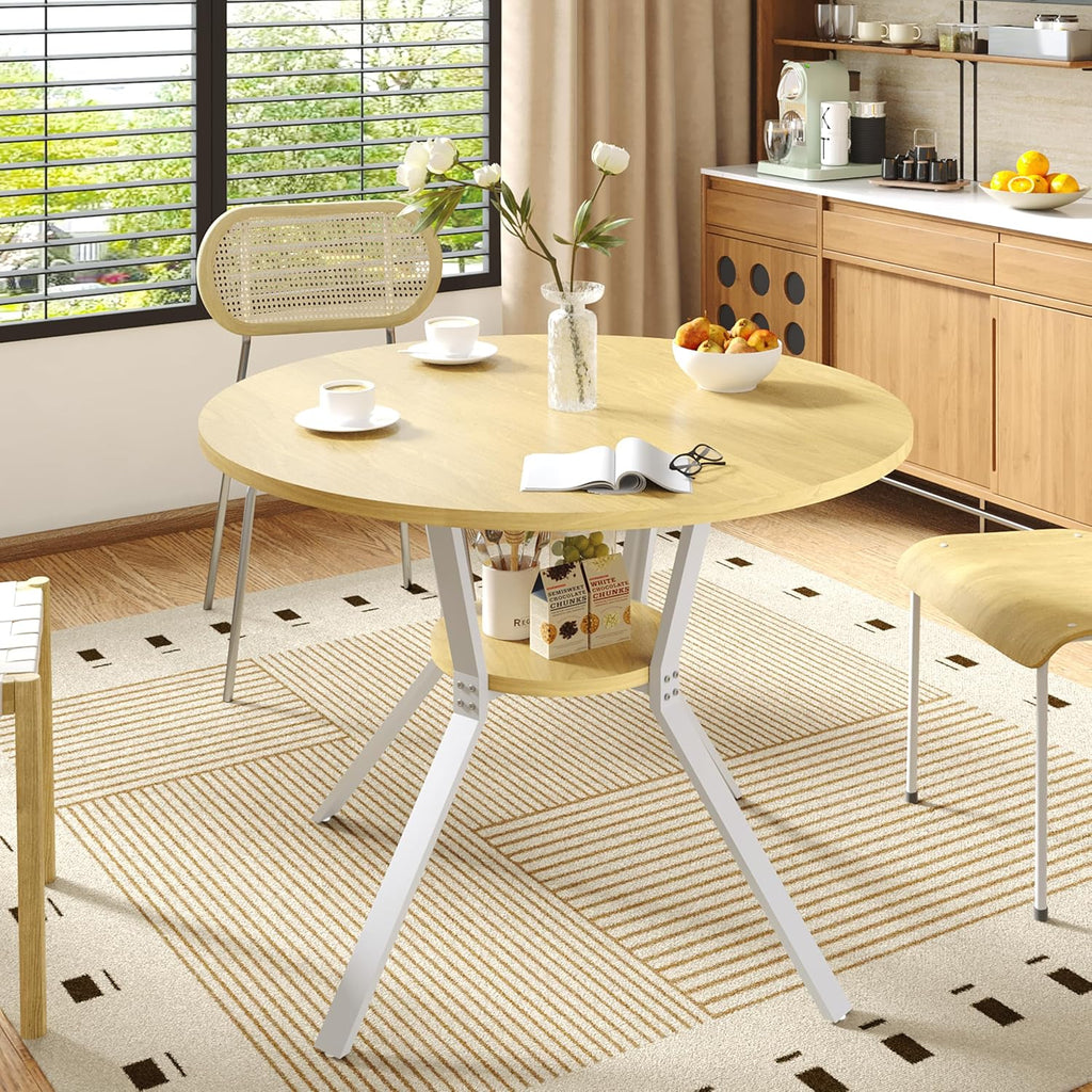Wildhome Round Dining Table for 2-4, 43 Inch Dining Room Kitchen Table with 1-Tier Storage Shelf, Modern Farmhouse Dinner Furniture with Adjustable feet,Oval Circle(43in-Oak)