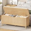 Keehusux 47.2" Rattan Storage Chest with Padded Seat Cushion, Extra Large Storage Bench with 2 Safety Hinges, Storage Trunk with Solid Wood Legs & Rounded Corners for Entryway, Bedroom, Natural Oak