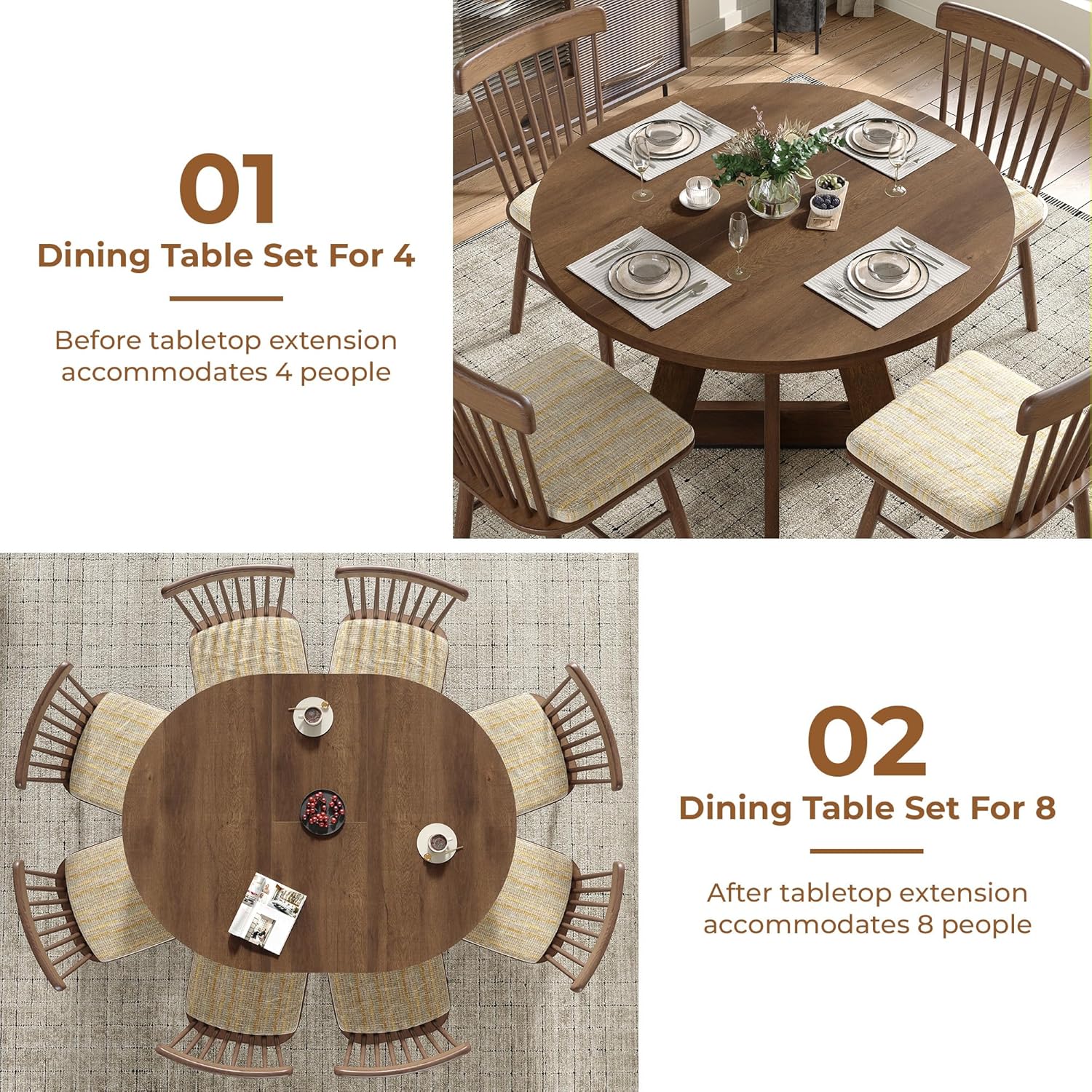 Extendable Round Dining Table for 4-8,Modern Kitchen Oval Dining Table with Removable Leaves Space Saving,Wood Base for Kitchen Living Room (Walnut)