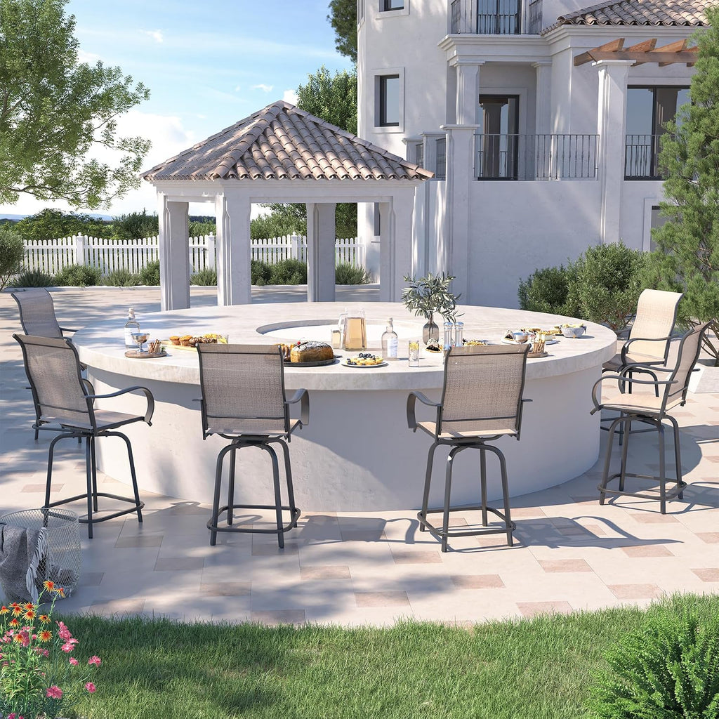 UDPATIO Outdoor Swivel Bar Stools Set of 4,Outdoor High Bistro Stools with Waterproof Textile Fabric,Armrest,Footrest,All Weather Bar Height Patio Chairs for Poolside, Garden, Backyard,Brown