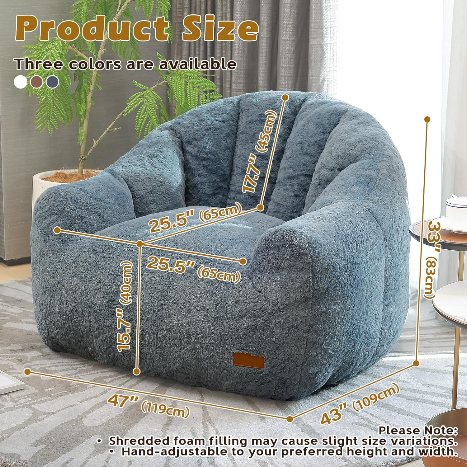 Giant Bean Bag Chair for Adults, Teens and Kids, Cozy Fluffy Corduroy Beanbag Chair with Filler, Large Floor Lounge Sofa for Living Room, Bedroom, Dorm, Gaming and Reading (XL-Navy)