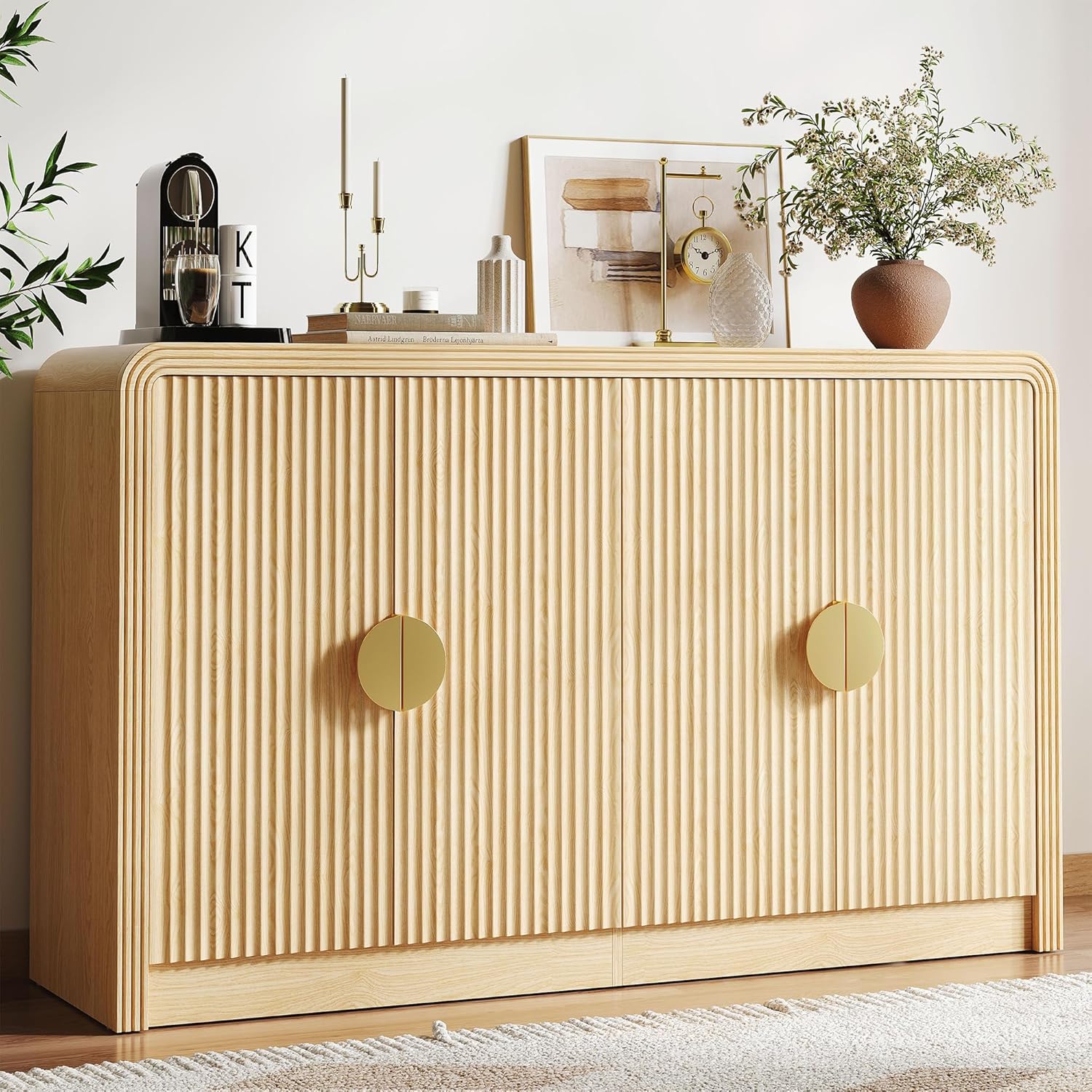 Decofy 55" Buffet Sideboard Cabinet, Mid Century Modern Console Cabinet with Wavy Grain Doors & Adjustable Shelves for Kitchen Cabinets, Living Room, Entryway, Coffee Bar Cabinet, Natural Oak