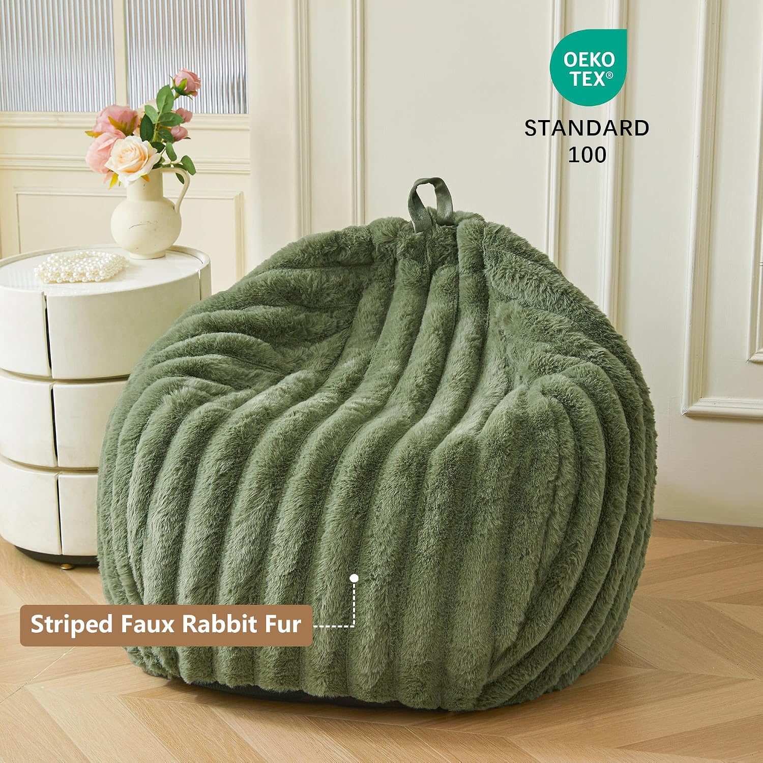 MEGO Kids Fluffy Faux Rabbit Fur Bean Bag Chair Cover(No Filler), Cozy Moss Shaggy Striped Stuffed Animal Storage Bean Bag for Plush Toys, Fuzzy Ribbed Beanbag Cover Kids Girls Teens Adult, Sage Green