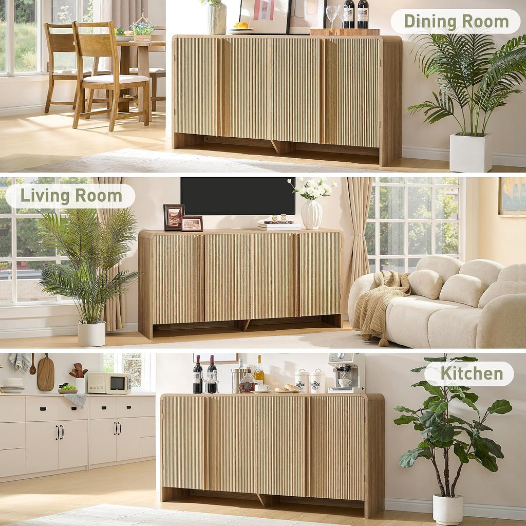 AMERLIFE 63" Fluted Sideboard Buffet Cabinet with Storage, Modern Credenza Console with 4 Doors & Adjustable Shelves, Wood Coffee Bar for Kitchen, Living Room, Hallway, Natural Oak