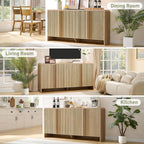 AMERLIFE 63" Fluted Sideboard Buffet Cabinet with Storage, Modern Credenza Console with 4 Doors & Adjustable Shelves, Wood Coffee Bar for Kitchen, Living Room, Hallway, Natural Oak