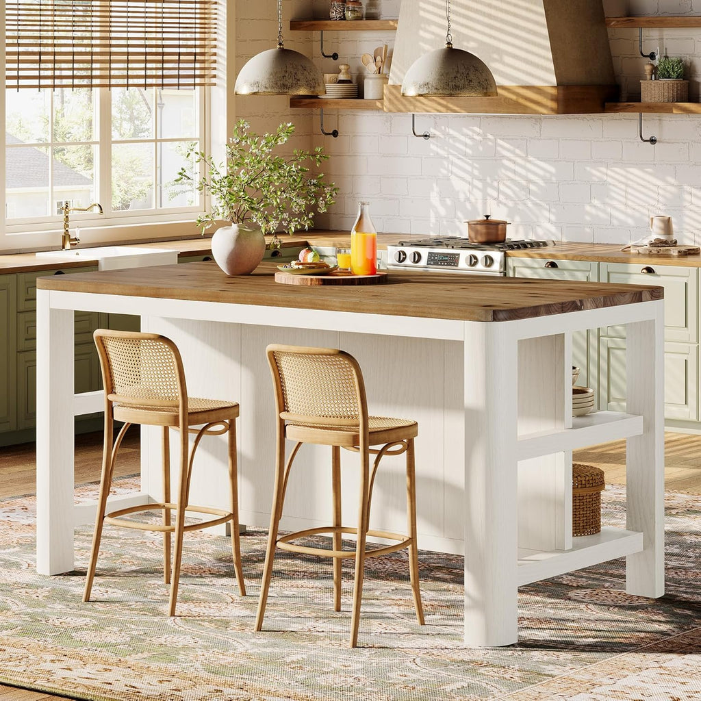 63-Inch Solid Wood Kitchen Island with Storage Shelves, Farmhouse Island Table with Seating, Counter Height Bar Table for Dining Room, Kitchen, Easy to Assemble, White and Brown