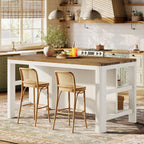 63-Inch Solid Wood Kitchen Island with Storage Shelves, Farmhouse Island Table with Seating, Counter Height Bar Table for Dining Room, Kitchen, Easy to Assemble, White and Brown