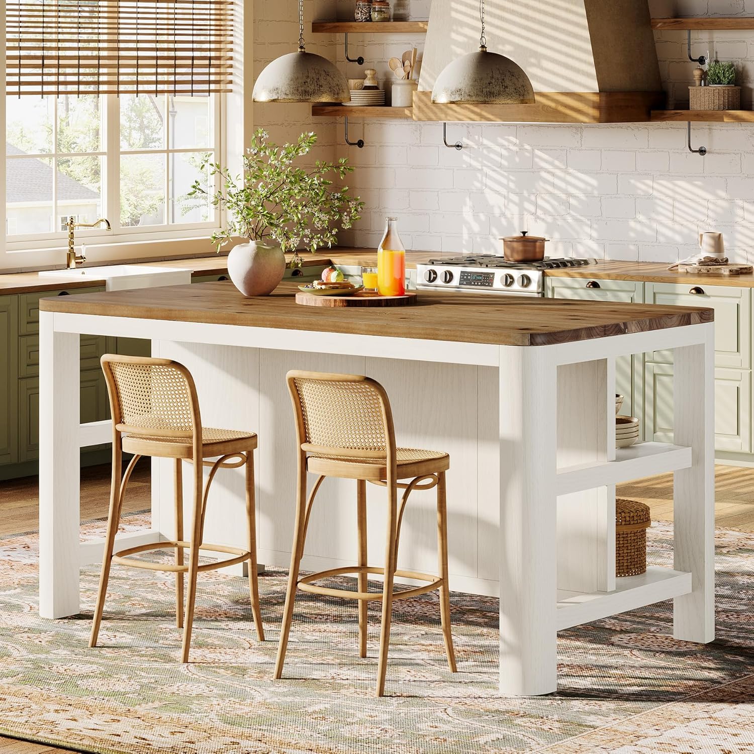 63-Inch Solid Wood Kitchen Island with Storage Shelves, Farmhouse Island Table with Seating, Counter Height Bar Table for Dining Room, Kitchen, Easy to Assemble, White and Brown