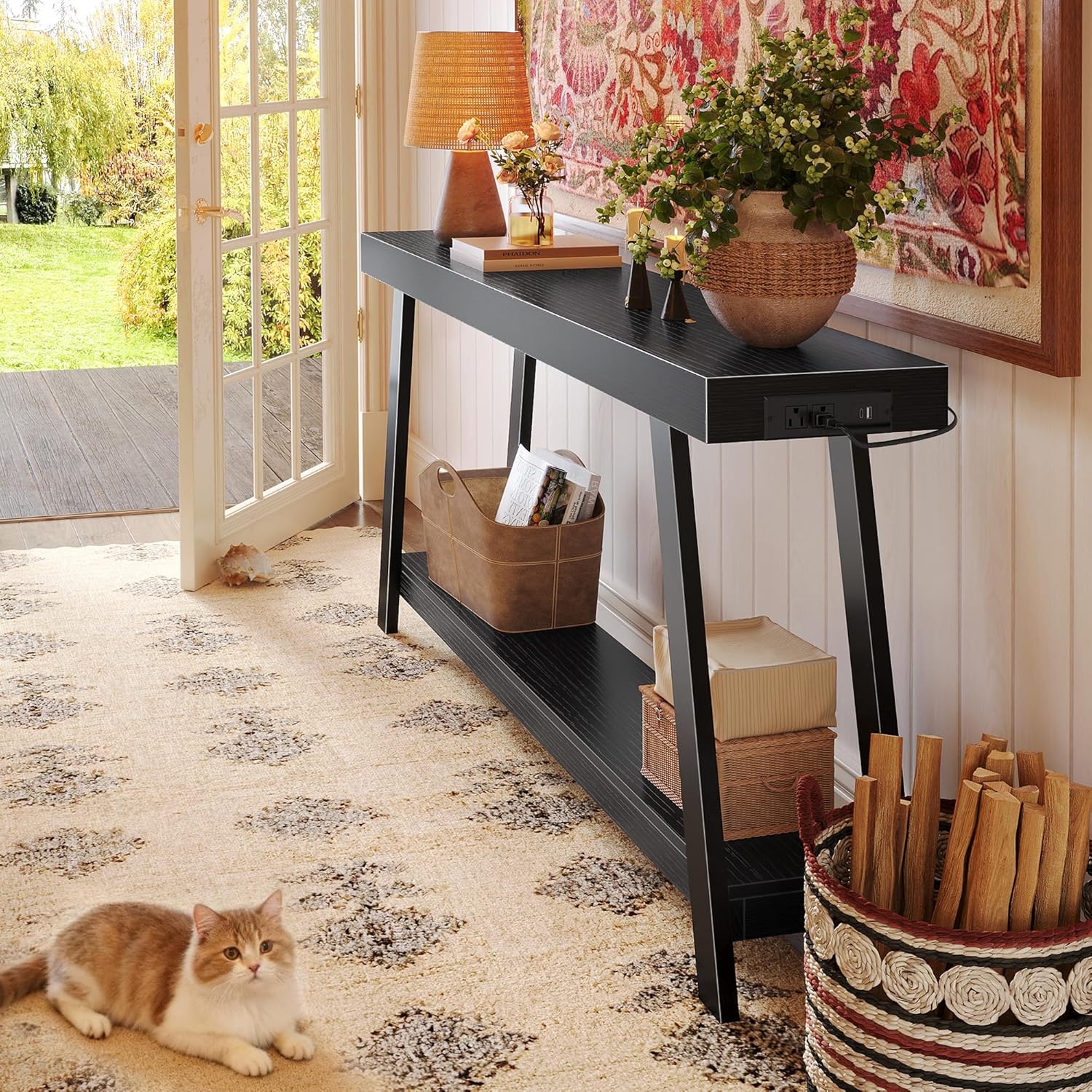 Huuger Console Table with Charging Station, USB-C Port, 2 Tiers Entryway Table, 53.9 Inch Sofa Table with Metal Legs, Entry Hallway Table with Thicker Desktop, Modern Behind Couch Table, Black