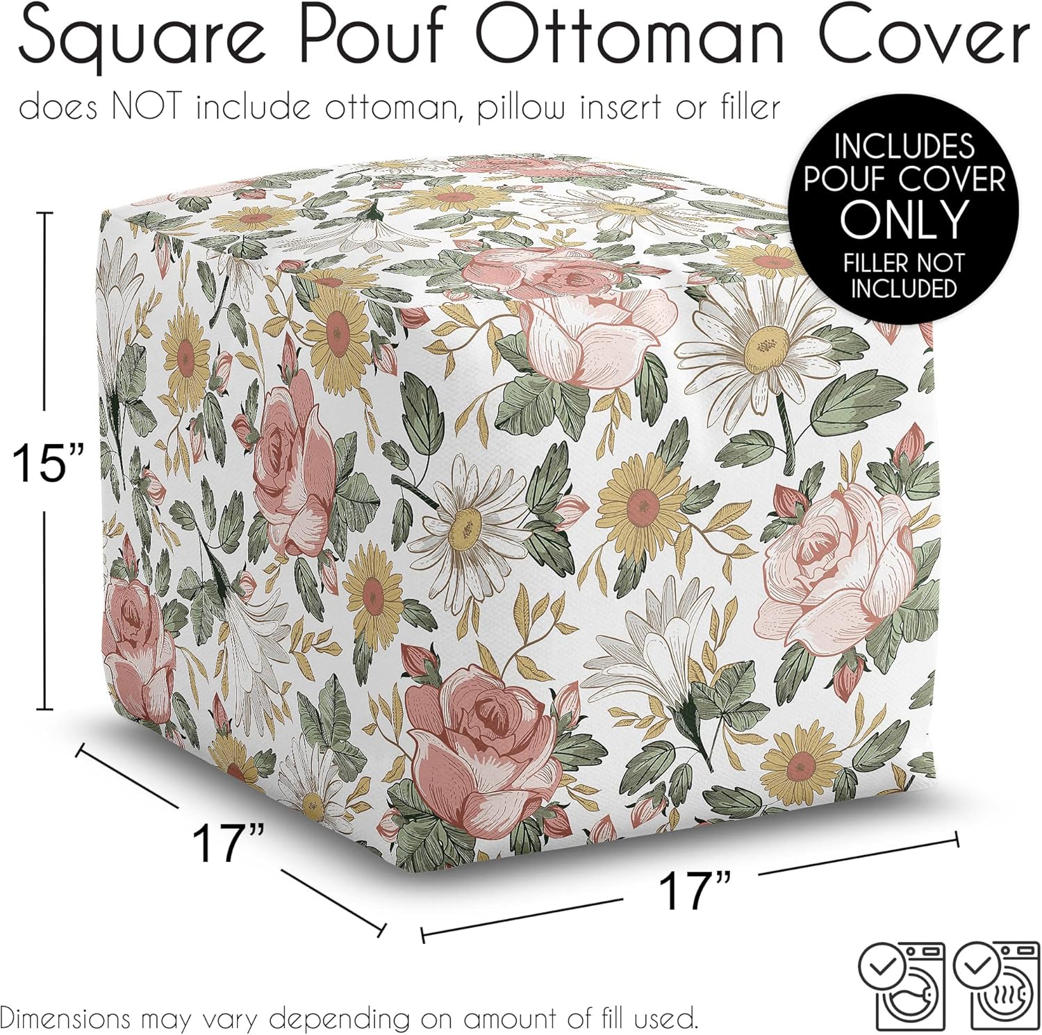 Sweet Jojo Designs Blush Pink Yellow Vintage Floral Boho Girl Ottoman Pouf Cover Unstuffed Poof Floor Footstool Square Cube Pouffe Storage Baby Nursery Kids Room Bohemian Shabby Chic Farmhouse White