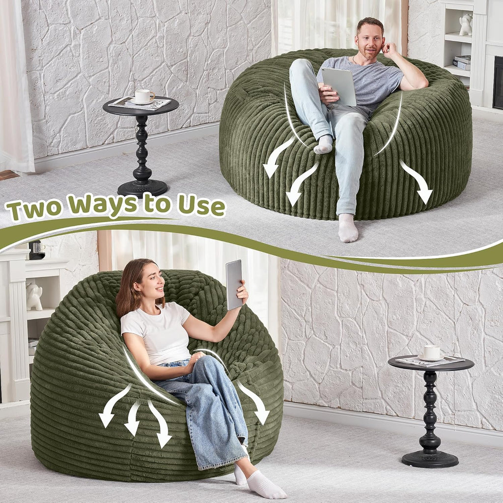 HABUTWAY 4FT Bean Bag Chair, 4' Large Bean Bag Chairs for Adults with Removable Stripe Plush Cover, Memory Foam Beanbag Chair for Living Room Bedroom Dorm (Green)