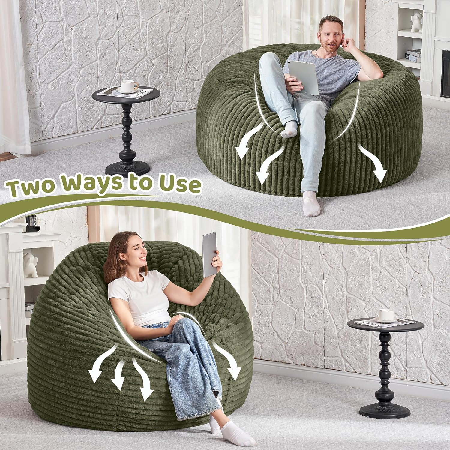 HABUTWAY 4FT Bean Bag Chair, 4' Large Bean Bag Chairs for Adults with Removable Stripe Plush Cover, Memory Foam Beanbag Chair for Living Room Bedroom Dorm (Green)
