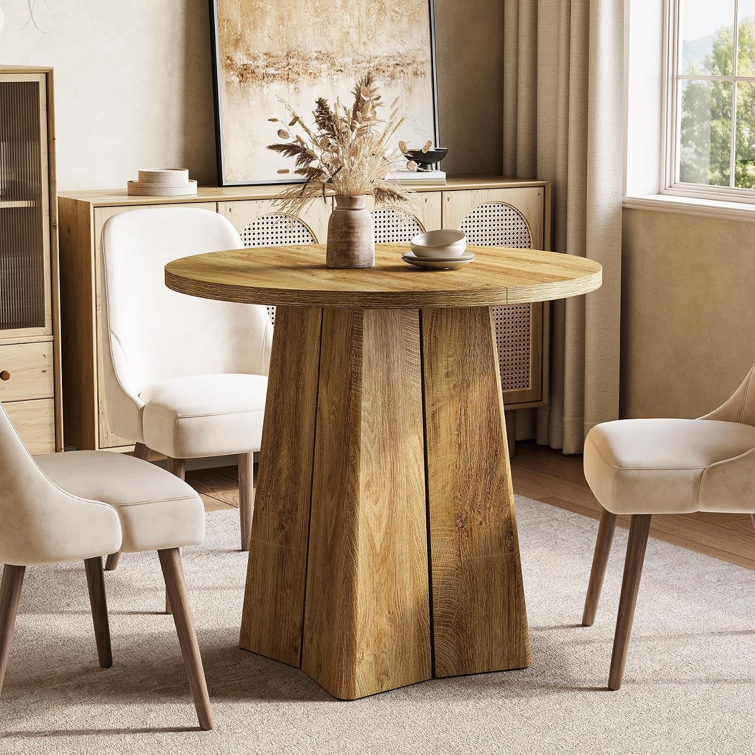 LITTLE TREE 31.50-Inch Round Dining Table for 2, Farmhouse Circle Kitchen Table, Dining Room Table with Wooden Pedestal Base, for Dining Room, Kitchen (Light Walnut)