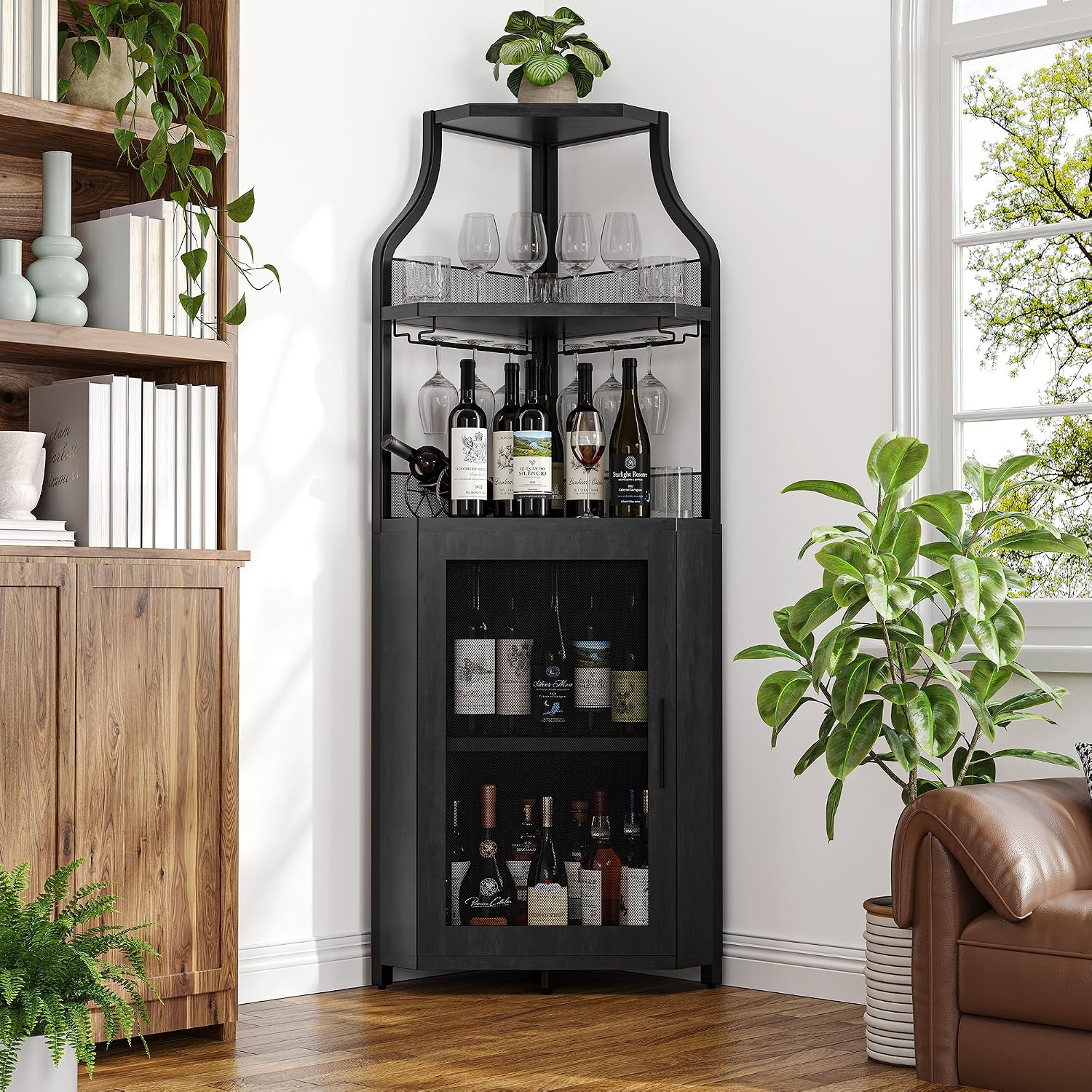 IDEALHOUSE Corner Bar Wine Cabinet with Glass Holder Wine Bar Rack Cabinet with Mesh Door & Glass Holder,Industrial Liquor Cabinet for Home, Kitchen, Dinning Room,Black