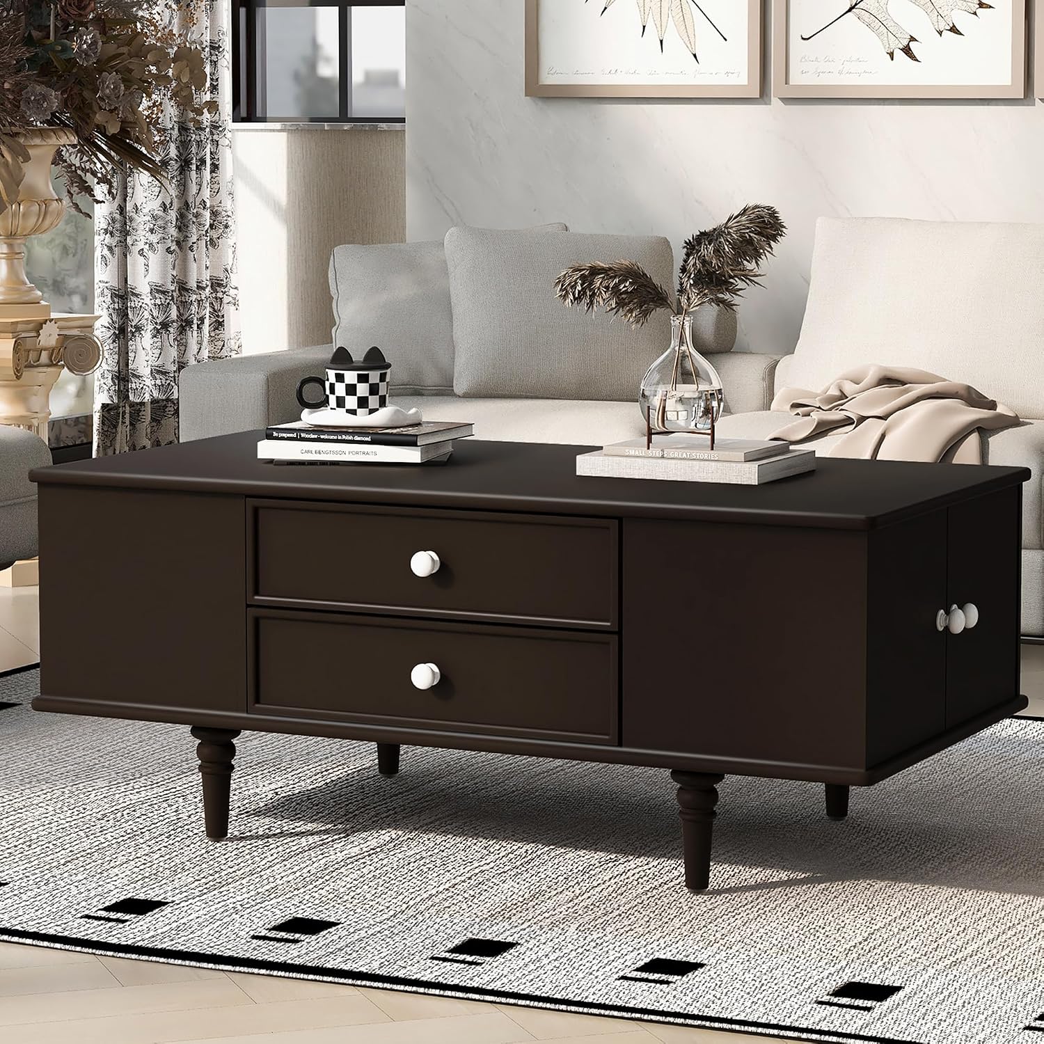 Modern Coffee Table with 4 Drawers, Hidden Side Table Compartments, Interior Shelves, Solid Wood Legs & Durable MDF Structure, End Table for Living Room, Kitchen, Dining Room & Bedroom, Easy Assembly