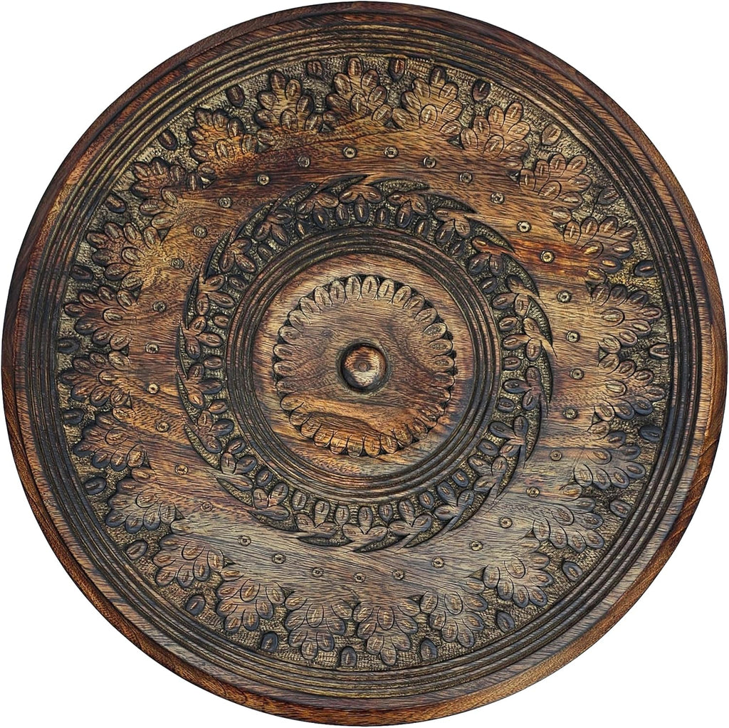 TUP THE URBAN PORT Jem 22 Inch Side End Table, Round Top, Hand Carved Boho Mandala Design with Twisted Base, Brown Mango Wood