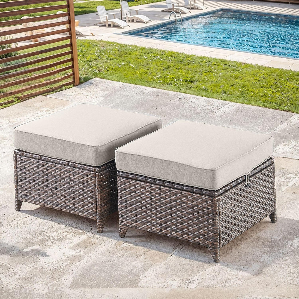 Outdoor Patio Ottoman Set of 2-Rattan Wicker Ottoman Foot Rest with Removable Cushions Cover Outdoor Footstool for Deck Balcony Poolside Backyard-Brown/Beige