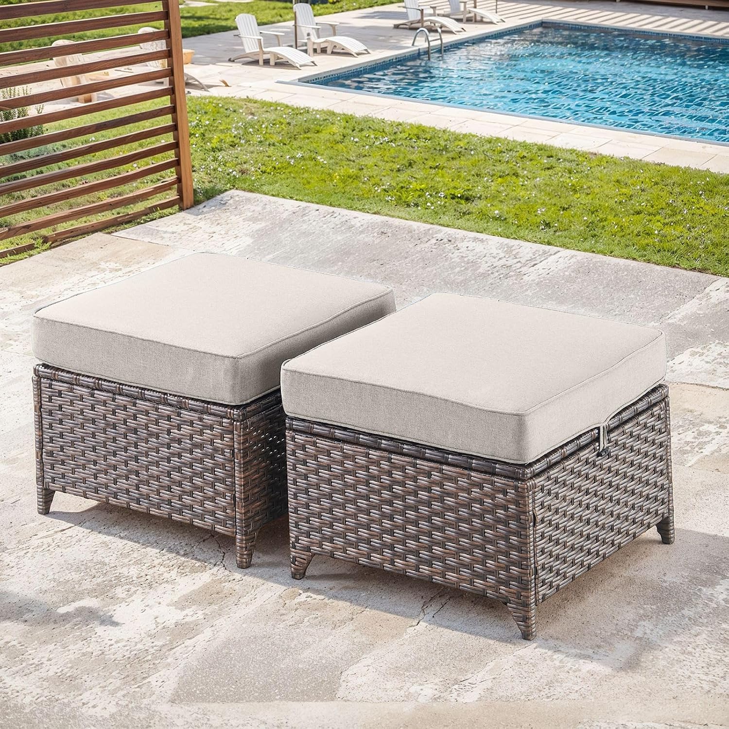Outdoor Patio Ottoman Set of 2-Rattan Wicker Ottoman Foot Rest with Removable Cushions Cover Outdoor Footstool for Deck Balcony Poolside Backyard-Brown/Beige