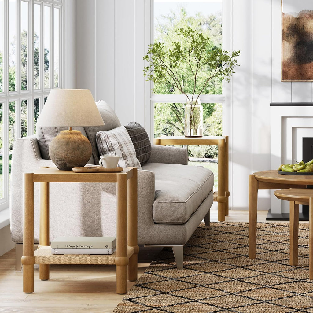 Nathan James River Modern Coastal Side Table with Solid Wood Legs and Seagrass Storage Shelf, Light Brown Set of 2
