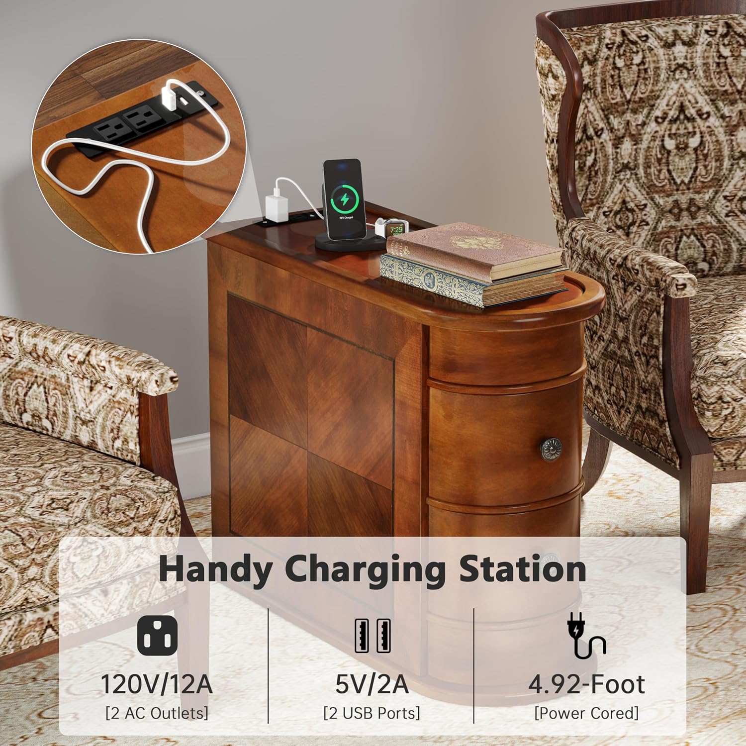 Solid Wood End Table with Charging Station, No Assembly Required Narrow Sofa Side Table for Living Room, Vintage Slim Nightstand Bedside Table (2 Drawers, Brown, 1Pc)