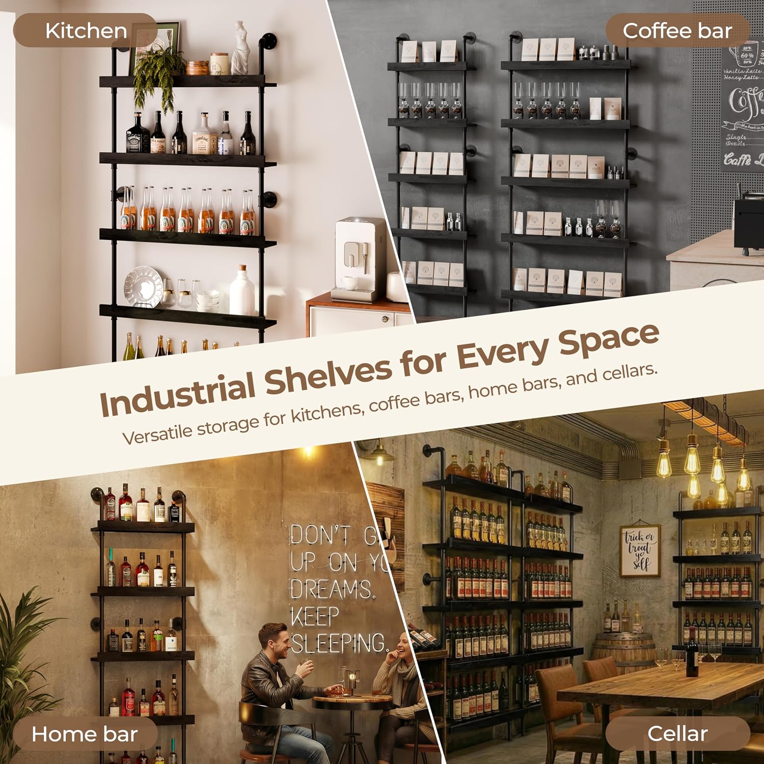 Industrial Wine Rack Wall Mounted, Industrial Pipe Bar Shelf for Wine Display, 5-Tier Rustic Hanging Organizer for Wine Bottle Storage in Kitchen, Bar, Pub, Cellar(Black, 36 Inch)