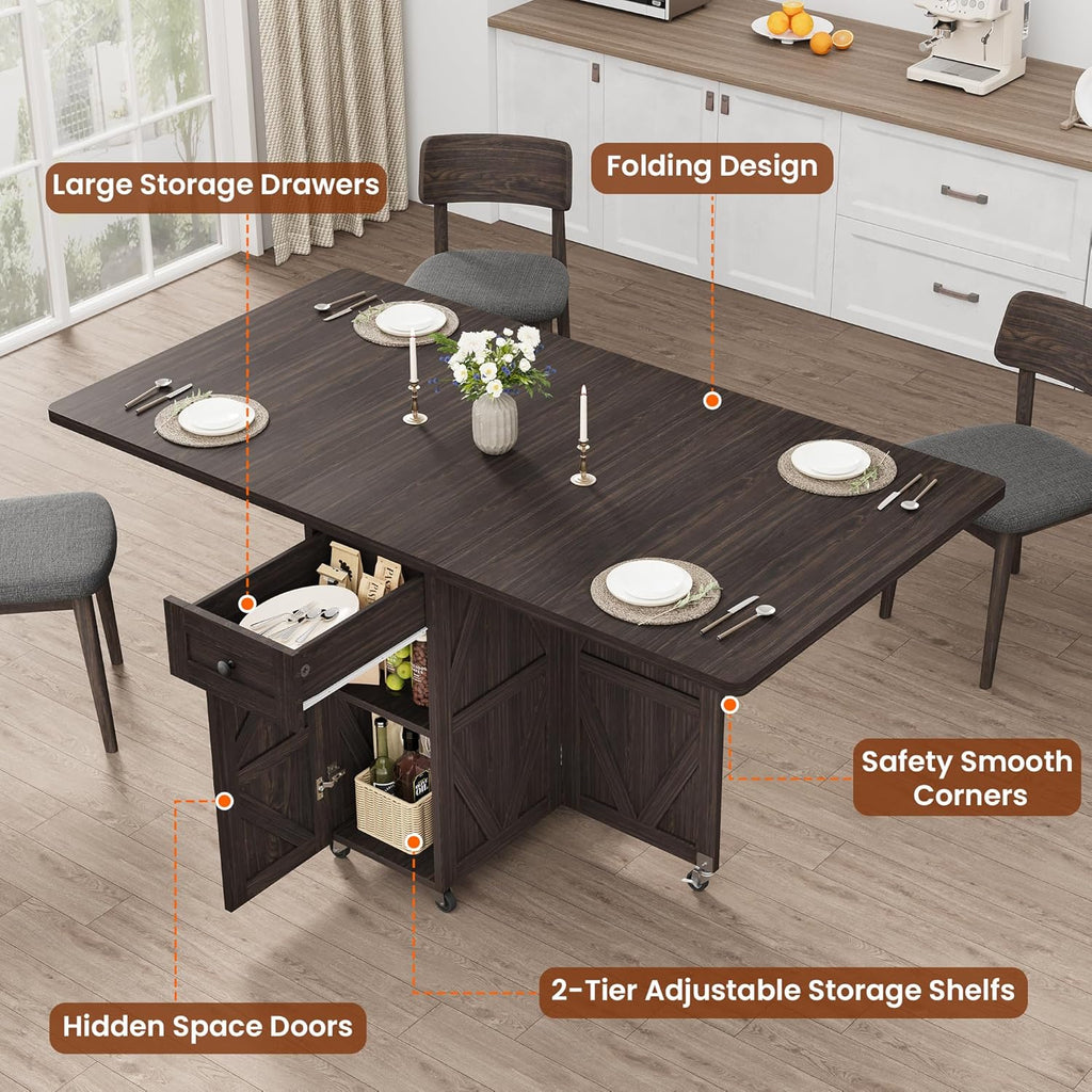 Jocoevol Folding Dining Table for Small Spaces, Space Saving Foldable Kitchen Table with Drawer & 2-Tier Storage Shelf, Rolling Expandable Dining Table with Wheels, Farmhouse, Dark Walnut