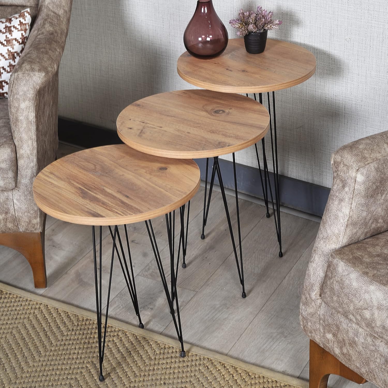 Set of 3 Pine Wood Nesting End Tables Round Wood Stacking Coffee Side Accent Table with Metal Legs for Living Room, Home Office, Nightstands for Bedroom