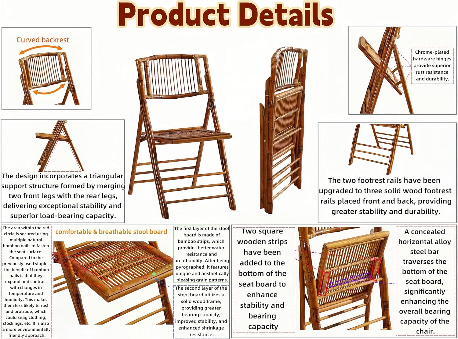 2 Pack Certified Bamboo Folding Chair, Completely Upgraded Foldable Vintage Dining Chair with 330lb Handcrafted for Living Room Patio Garden Balcony Indoor/Outdoor (, Antique Brown)