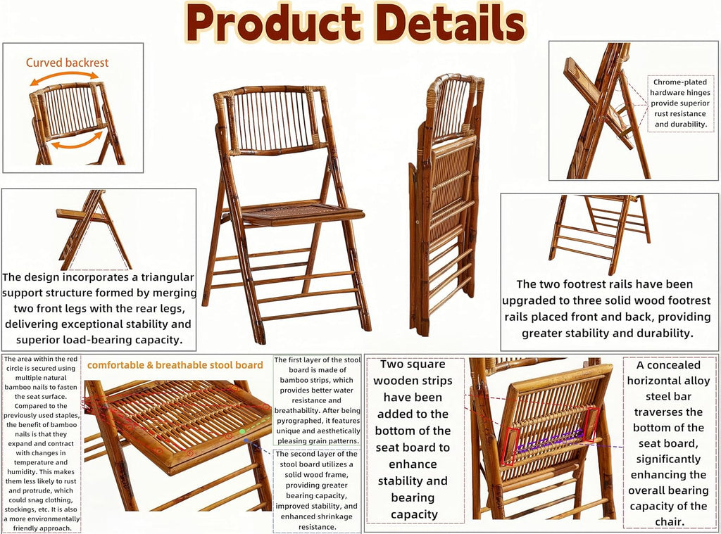 2 Pack Certified Bamboo Folding Chair, Completely Upgraded Foldable Vintage Dining Chair with 330lb Handcrafted for Living Room Patio Garden Balcony Indoor/Outdoor (, Antique Brown)