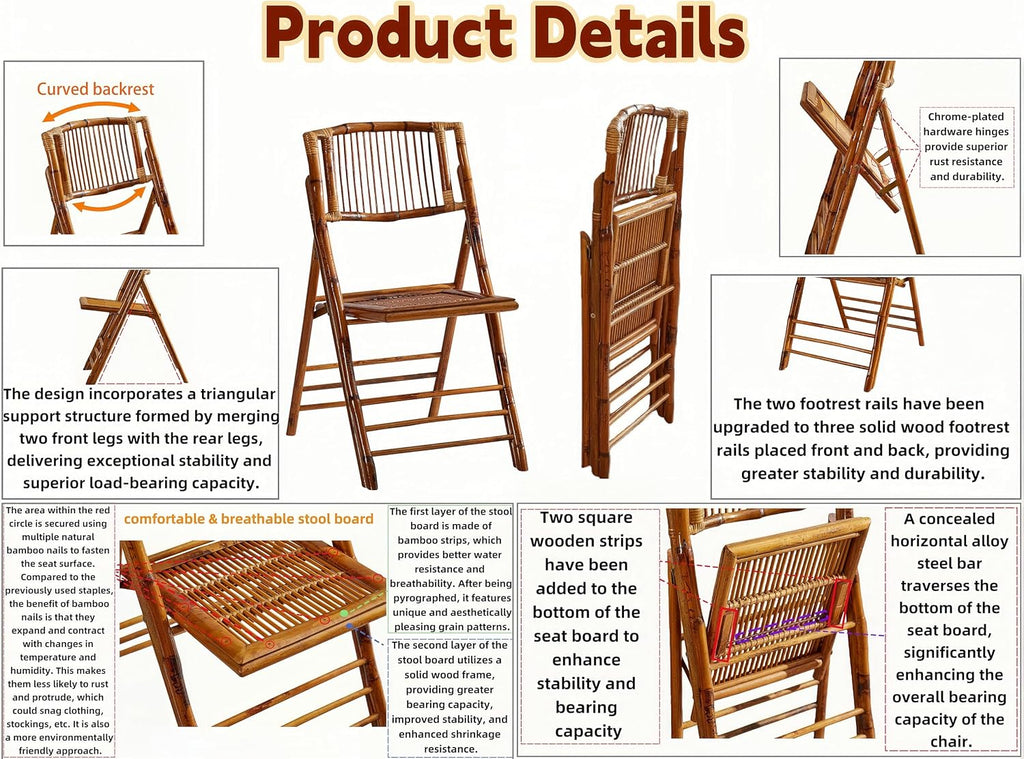 4 Pack Bamboo Folding Chair, Completely Upgraded Foldable Vintage Dining Chair with 330lb Handcrafted for Living Room Patio Garden Balcony Indoor/Outdoor (, Antique Brown)